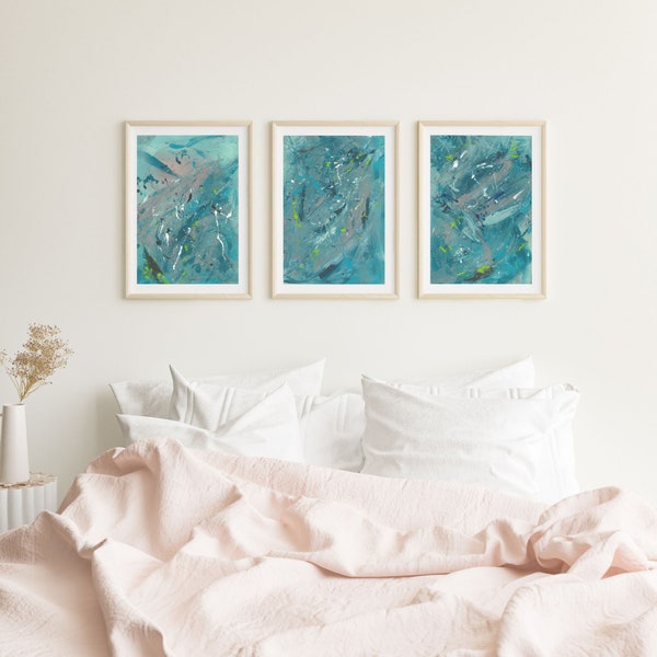 Cold Little Hearts,  3er SET, Abstrakte Kunst in Blau & Grau, Ozean, Fine Art Giclée auf Papier oder Canvas  Wandkunst, Wall art