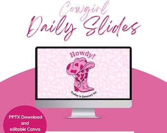 Pink Cowgirl Daily Slide Deck | Powerpoint Slide Templates | Teaching Tools | School Project Slides | Editable in Canva | PPTX Download