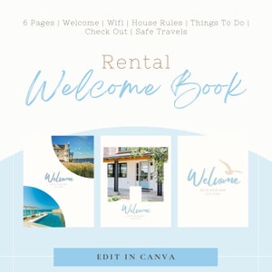 Szablon powitalnej książki do wynajmu na plaży | Edytuj w Canva | Idealny dla Airbnb, VRBO lub wynajmu wakacyjnego | Zasady domu, Wymeldowanie, Rzeczy do zrobienia