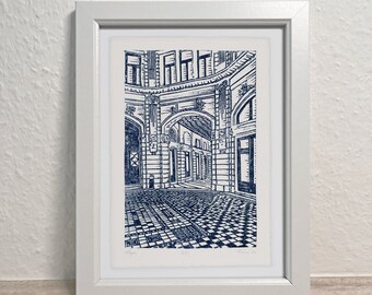 Linocut print, handmade, landscape, urban landscape, zagreb, original, contemporary, linocut, A5, monocolor, gift, art, iRadmanStudio