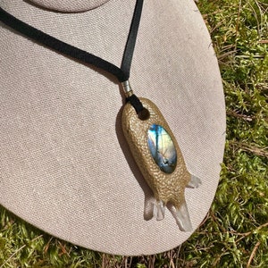 Triple Clear Quartz & Labradorite OOAK Necklace on Leather | Handmade Crystal Clay Jewelry | Boho Witchy | Wrap Necklace