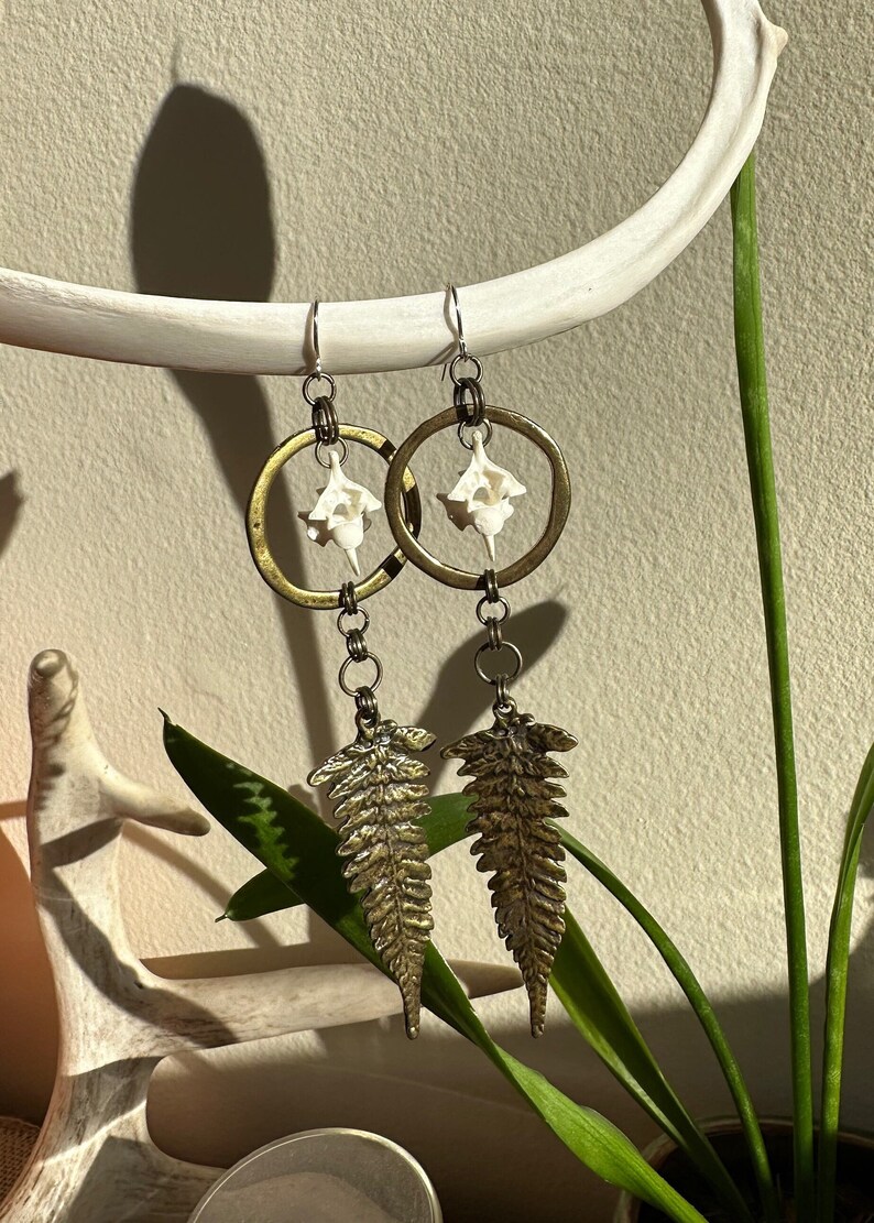 Burmese Python Vertebrae & Brass Fern Earrings Gothic Punk Witchy ...