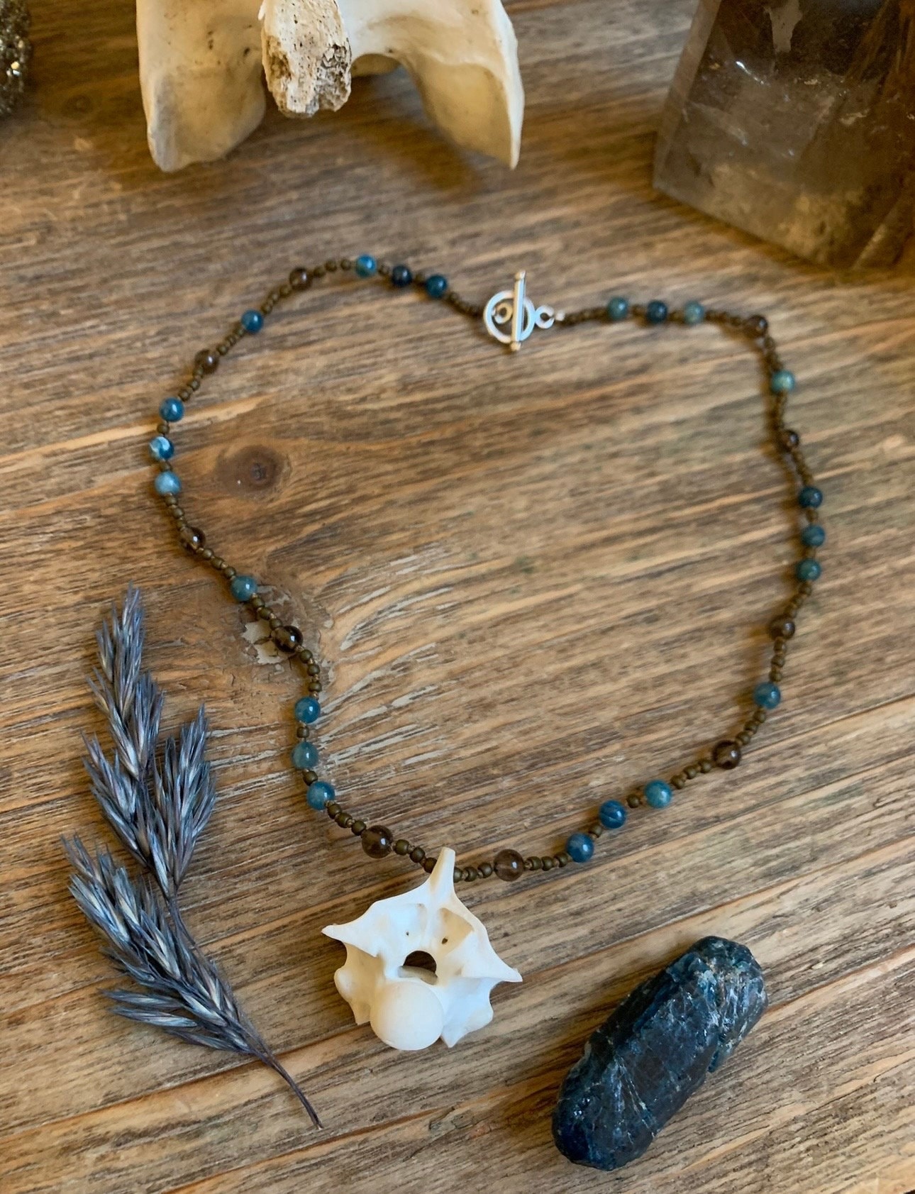 Burmese Python Vertebrae Necklace: Blue Apatite & Smoky Quartz ...