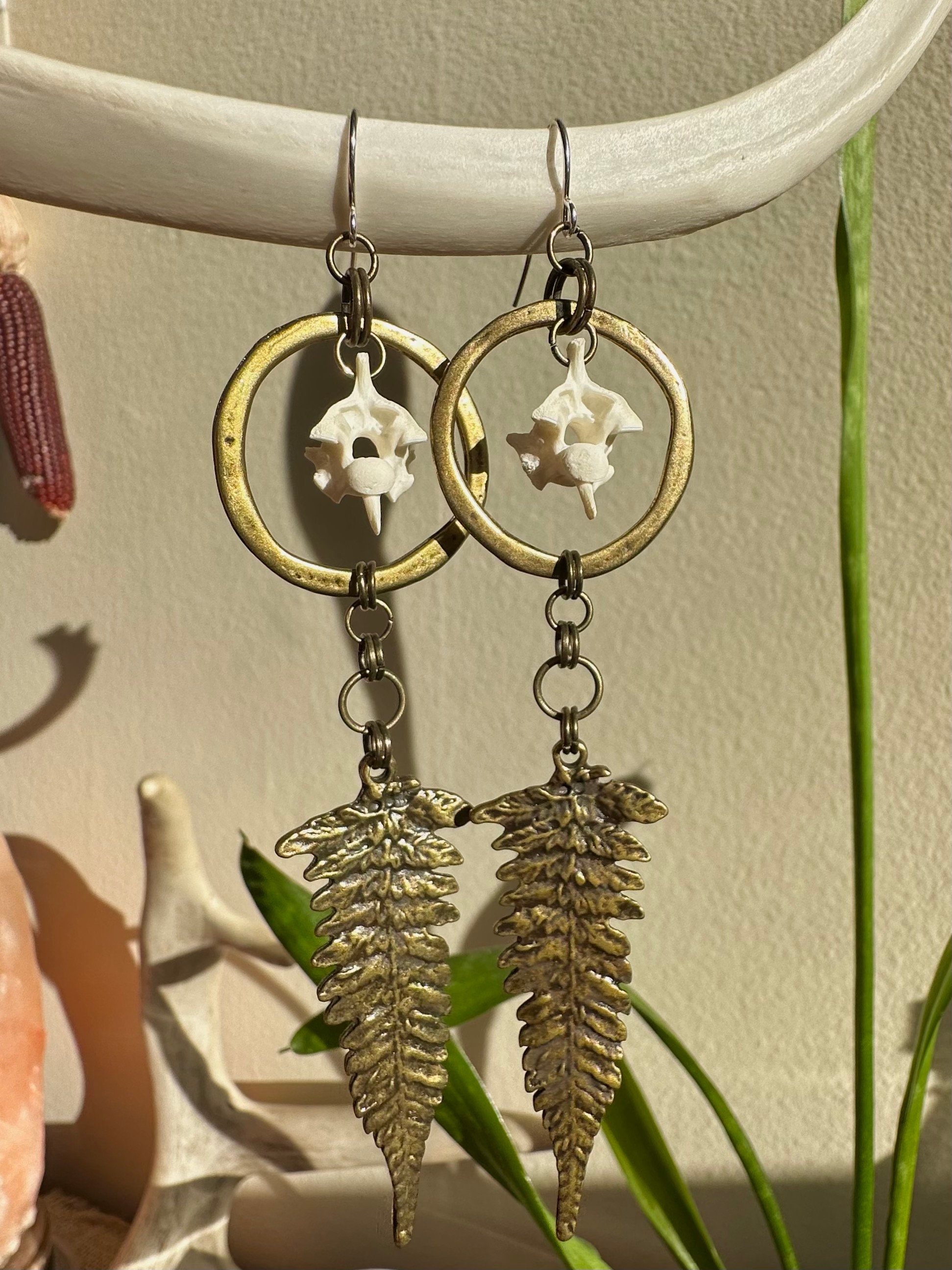 Burmese Python Vertebrae & Brass Fern Earrings Gothic Punk Witchy ...