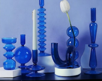 Blue Glass Candlestick Holder | Candle Holder | Table Home Decor | Glass Candlesticks | Glass Vase | Versatile Glass Candlesticks