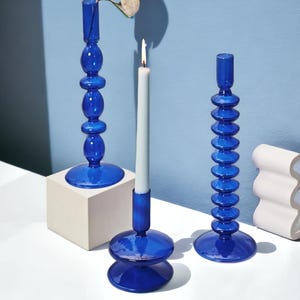 Blue Glass Candlestick Holder | Candle Holder | Table Home Decor | Glass Candlesticks | Glass Vase | Versatile Glass Candlesticks