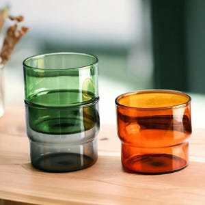 Stackable Colored Glass Water Cup – Modern Vintage Tumbler, Retro Drinking Glass, Colorful Home Barware, Unique Gift