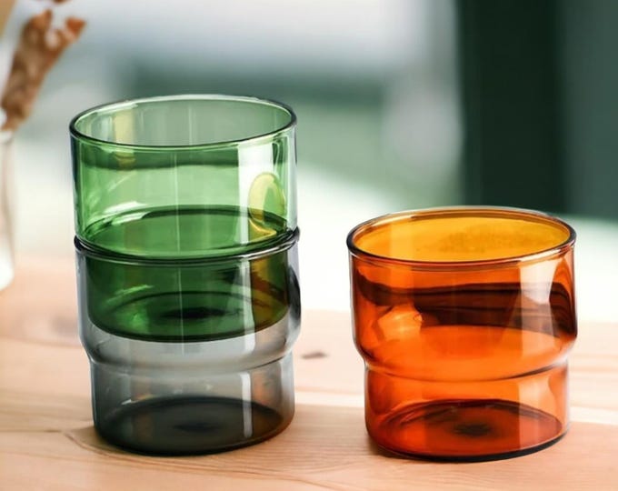 Stackable Colored Glass Water Cup – Modern Vintage Tumbler, Retro Drinking Glass, Colorful Home Barware, Unique Gift