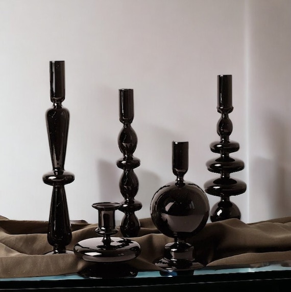 Schwarz Glas Kerzenständer Kerzenhalter | Tisch Wohnkultur | Kerzenleuchter aus Glas | Glasvase | Vielseitige Kerzenleuchter aus Glas