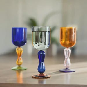 Retro Color Goblet Wine Glass | Borosilicate Glass Wine Cup | Vintage Style Colored Stemware | Handblown Cocktail Glass | Unique Gift