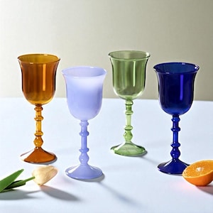Colorful Vintage Glass Goblets | Retro Wine Glasses, Unique Colored Stemware, Elegant Water or Cocktail Cups