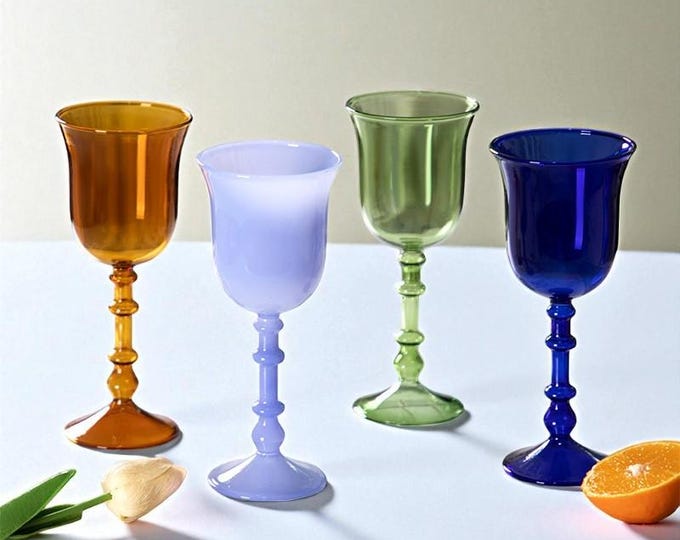 Colorful Vintage Glass Goblets | Retro Wine Glasses, Unique Colored Stemware, Elegant Water or Cocktail Cups