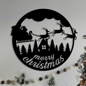 Merry Christmas Sign, Santa Claus and Reindeer Sign, Unique Gift, Christmas Door Wreath, Door Sign, Christmas Gift, Christmas Metal Decor