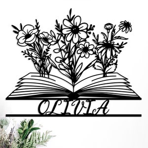 Personalized Flower Book Name Metal Sign, Flower Book Wall Hanging, Boho Home Decor, Above Bed Decor, Custom Library Decor,Book Lovers Gift