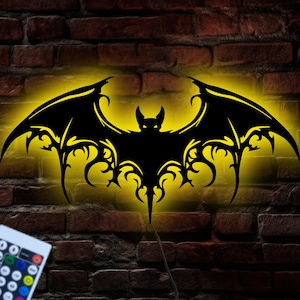Majestic Bat Metal Wall Art with RGB LED Light, Giant Bat Wall Decor, Gothic Decor Gift, Lighted Scary Halloween Decor, Giant Halloween Art