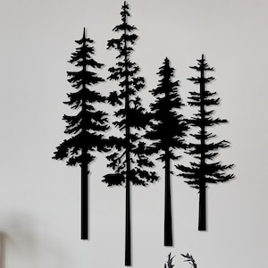 Arte murale in metallo con albero di pino, decorazione da parete con 4 alberi, decorazione per soggiorno con cartello albero, grande arte murale per esterni, regalo per amanti della natura, decorazione in metallo con foresta