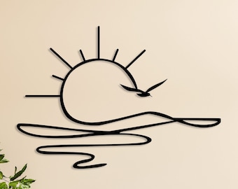 Arte de pared de metal con amanecer, letrero de sol, mar y gaviota, arte de pared minimalista con destellos de sol, letrero de pared con luz solar, regalo de inauguración de la casa, regalo para ella