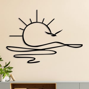 Decorazione murale in metallo con alba, cartello murale con sole, mare e gabbiano, decorazione murale minimalista con sole scintillante, cartello murale con sole splendente, regalo di inaugurazione della casa, regalo per lei
