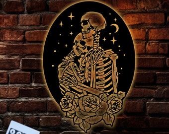 Skeleton Couple With Flower In Night Wall Art LED Light, Skeleton Led Sign, Gothic Valentine Wall Decor, Bedroom Wall Decor with Led Light