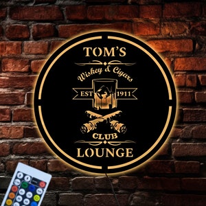 Kundenspezifisches Whisky und Zigarren-Metallwand-Kunst-LED-Licht, personalisierte Bar geführtes Schild, Hauspub-Wanddekor mit geführtem Licht, Geschenk für ihn, Küchendekor