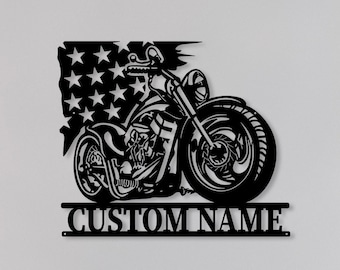 Custom US Flag Motorcycle Metal Sign, Personalized Biker Sign, 4th of July Gift, Patriotic Gift, Independece Sign, Patriotic Sign, Dad Gift