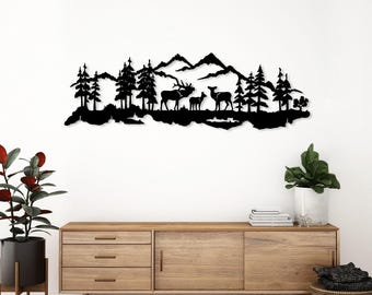 Forest Mountain with Deer Metal Wall Decor, Nature and Deer Sign, Landscape Wall Decor, Nature Lover Gift,Living Room Decor,Mothers Day Gift