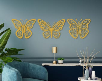 Gold Butterfly Metal Wall Art Set, Bedroom Living Room Decor,Large Flower Butterfly Decor,Nature Wall Hanging,Aesthetic Home Gift,3Pcs Decor