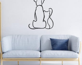 Hund und Katze Metallwandkunst, Katze und Hund Minimalist Line Art für Wohnkultur, Wohnzimmer Wandbehang, Tierliebhaber Geschenk Housewarminggeschenk