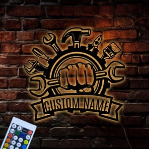 Custom Garage Wall Decor LED Light, Repairman Metal Sign, Personalized Workshop Sign, Mechanic Decor, Tools Shop Decor, Constructor Sign