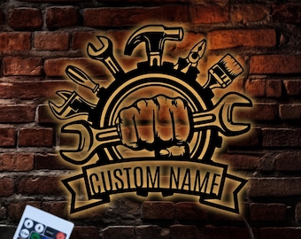 Custom Garage Wall Decor LED Light, Repairman Metal Sign, Personalized Workshop Sign, Mechanic Decor, Tools Shop Decor, Constructor Sign