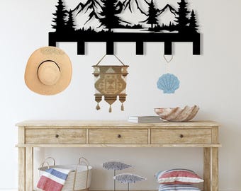 Tree Mountain Scene Metal Key Holder for Wall, Wall Mount Coat Rack, Key Rack, Nature Scene Gift, Entryway Wall Decor,Farmhouse Wall Hanging