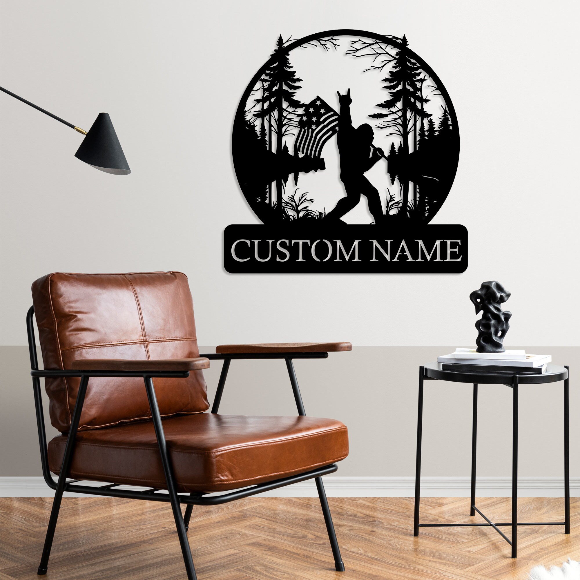 Custom Bigfoot US Flag Metal Wall Art LED Light, Personalized Name Sign ...