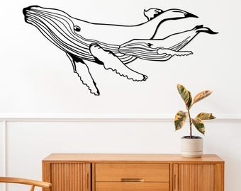 Big & Baby Whale  Metal Wall Decor, Blue Large Whale Wall Art, Aqua Ocean Wall Hanging, Whale Family Decor,Nautical Coastal Gift,Outdoor Art