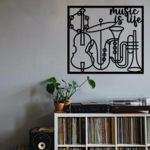 Decoración de pared metálica "La música es vida" para amantes de la música, ideal para estudios musicales, bares de jazz, como regalo para músicos, con un estilo blues y perfecto para decorar cafeterías.