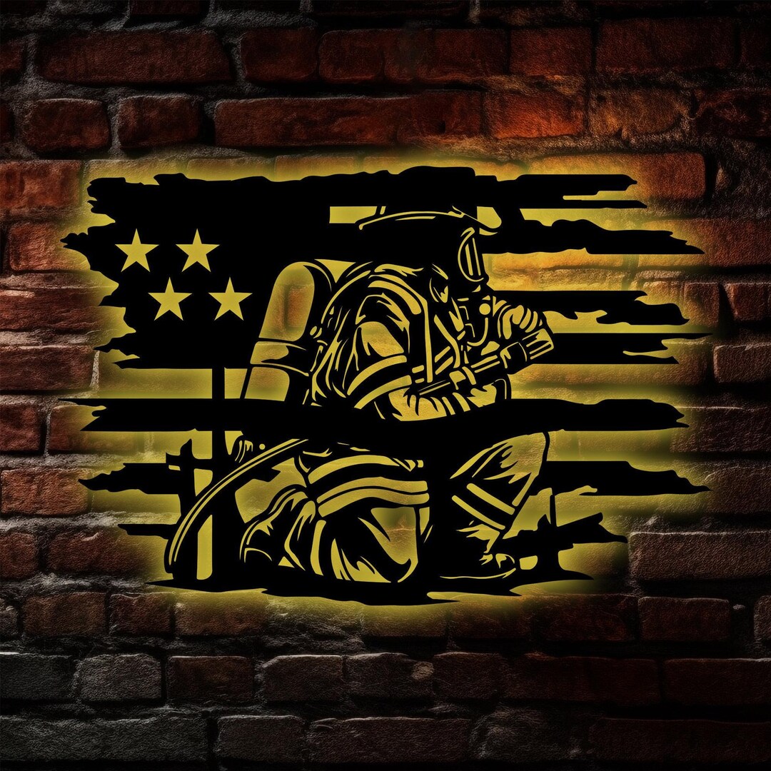 American Firefighter Sign With LED Light, USA Flag and Fireman Wall ...