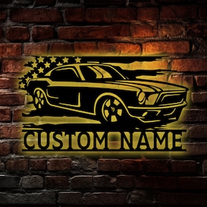 Custom Name Car Metal Wall Art LED Light, Car Metal Wall Art, Garage Wall Hanging, Game Room Decor, Personalized Gift, American Muscle Car