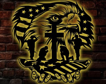 Adorno de pared metálico conmemorativo del soldado estadounidense con luz LED, bandera y águila de EE. UU., símbolo del ejército estadounidense, regalo patriótico, colgante de pared conmemorativo