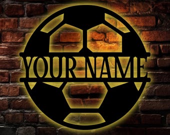Custom Soccer Ball Metal Wall Sign LED Light, Personalized Football Name Sign, Soccer Football Wall Art, Mancave Sign, Football Lover Gift