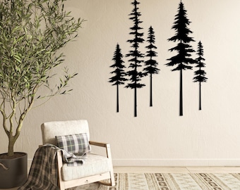 Oversized Metal Pine Tree Decor, Wispy Pine Wall Art, 5 Trees Sign, 2 Pcs Minimal Art, Nature Lover Gift, Forest Wall Decor, Christmas Gift