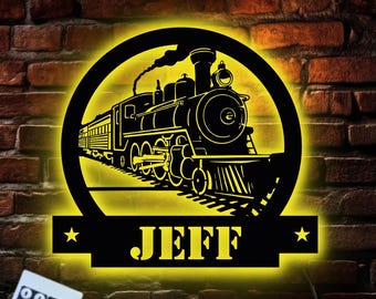 Custom Train Metal Sign with LED Light, Metal Wall Decor, Custom Metal Name Sign, Train Driver Gift, Outdoor Railroad Sign, Steam Locomotive