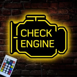 Check Engine LED Light Metal Signs, RGB LED Metal Wall Decor With Check Engine, Garage Decor,Mechanic Gift,Repairman Sign,Light Up Man Cave