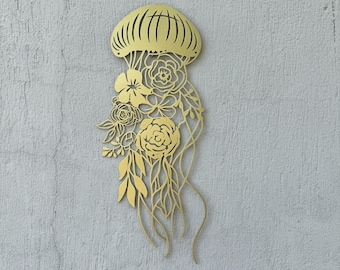 Jellyfish Metal Wall Art ,Gold Floral Jellyfish Outdoor Decor, Marine Wall Decor, Sea Art Sculpture, Beach Home Sea Life Wall Hanging Gift