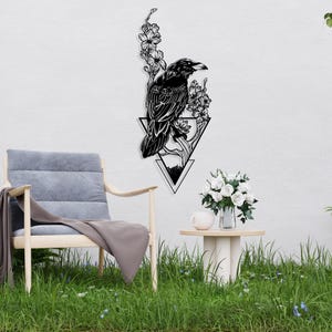 Art mural en métal corbeau, décoration murale oiseau gothique, découpe florale de corbeau, tenture murale extérieure, cadeau pour amateur d'oiseaux, art de jardin corbeau corbeau, cadeau maison rustique