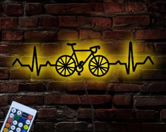 Metalowa dekoracja ścienna z lampką LED w kształcie roweru, minimalistyczny prezent dla rowerzysty z biciem serca, znak LED z motywem roweru, prezent dla rowerzysty, dekoracja ścienna z rowerem, sztuka kolarska, prezent dla taty