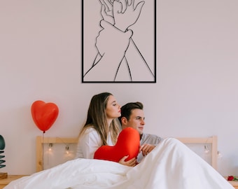 Couple Hands Metal Wall Art, Couple Wall Art, Minimalist Female Wall Hanging, Above Bed Decor, Framed Line Art, Bedroom Decor, Woman Art
