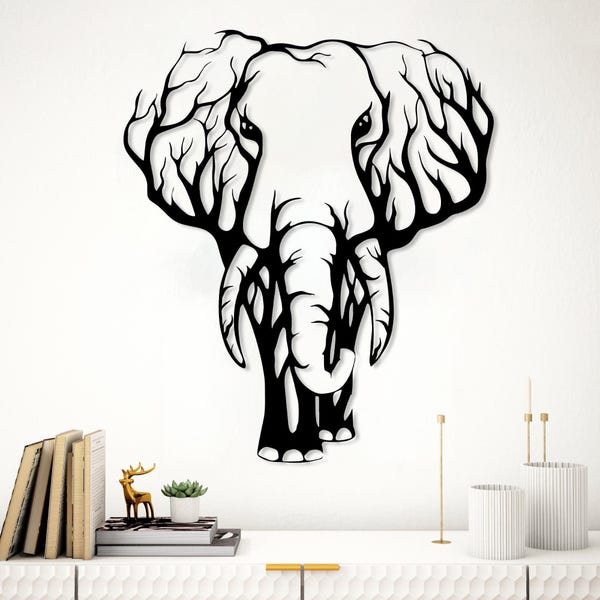 Art mural en métal éléphant, décoration tribale éléphant, grande tenture murale, cadeau de décoration d'intérieur safari africain, art éléphant arbre sauvage, cadeau maison rustique