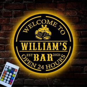 Letrero LED metálico personalizado para bar, letrero luminoso para bar, decoración LED para pub en casa, regalo para sala de juegos, letrero de bar abierto las 24 horas, luz RGB para negocios, arte de pared LED