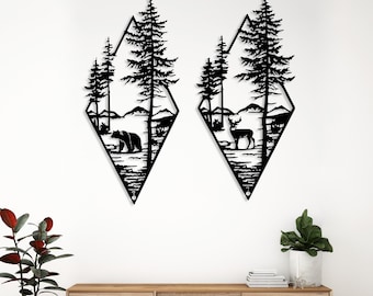 Metal Bear And Deer In Forest Metal Wall Art, Nature Forest Metal Art, Mountain Wildlife Wall Art, Large Cabin Decor, Outdoor Wall Hanging