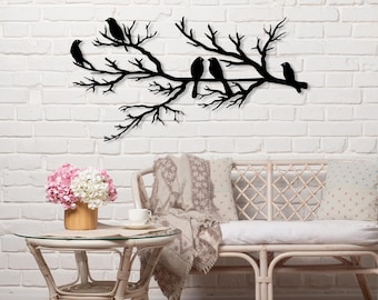 木の枝に止まる鳥のメタルウォールアート、自然のドレッサーの壁装飾、自然のシルエット、リビングルームの壁アート、壁の木の鳥、森の装飾ギフト