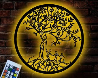 Aangepaste moederboom en kinderen metalen muurkunst ledlicht, uniek Moederdagdecorcadeau, stamboom met kinderen, levensboom leddecor